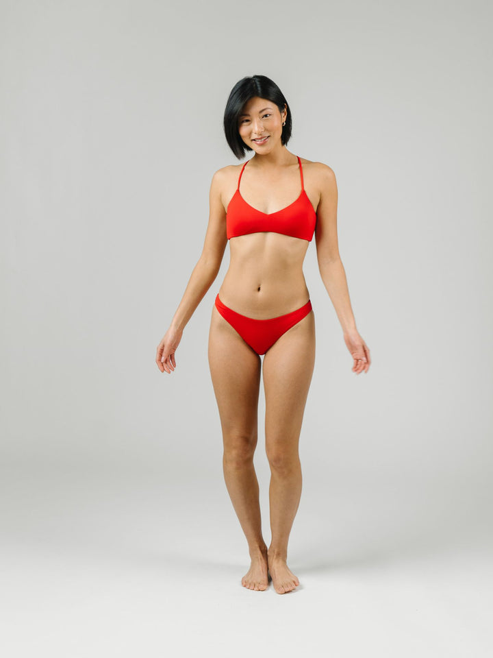 Navalora Swim Scarlett Red Classic Bikini Bottom, High Cut, Double Lined, Worn on Woman with Matching Bikini Top