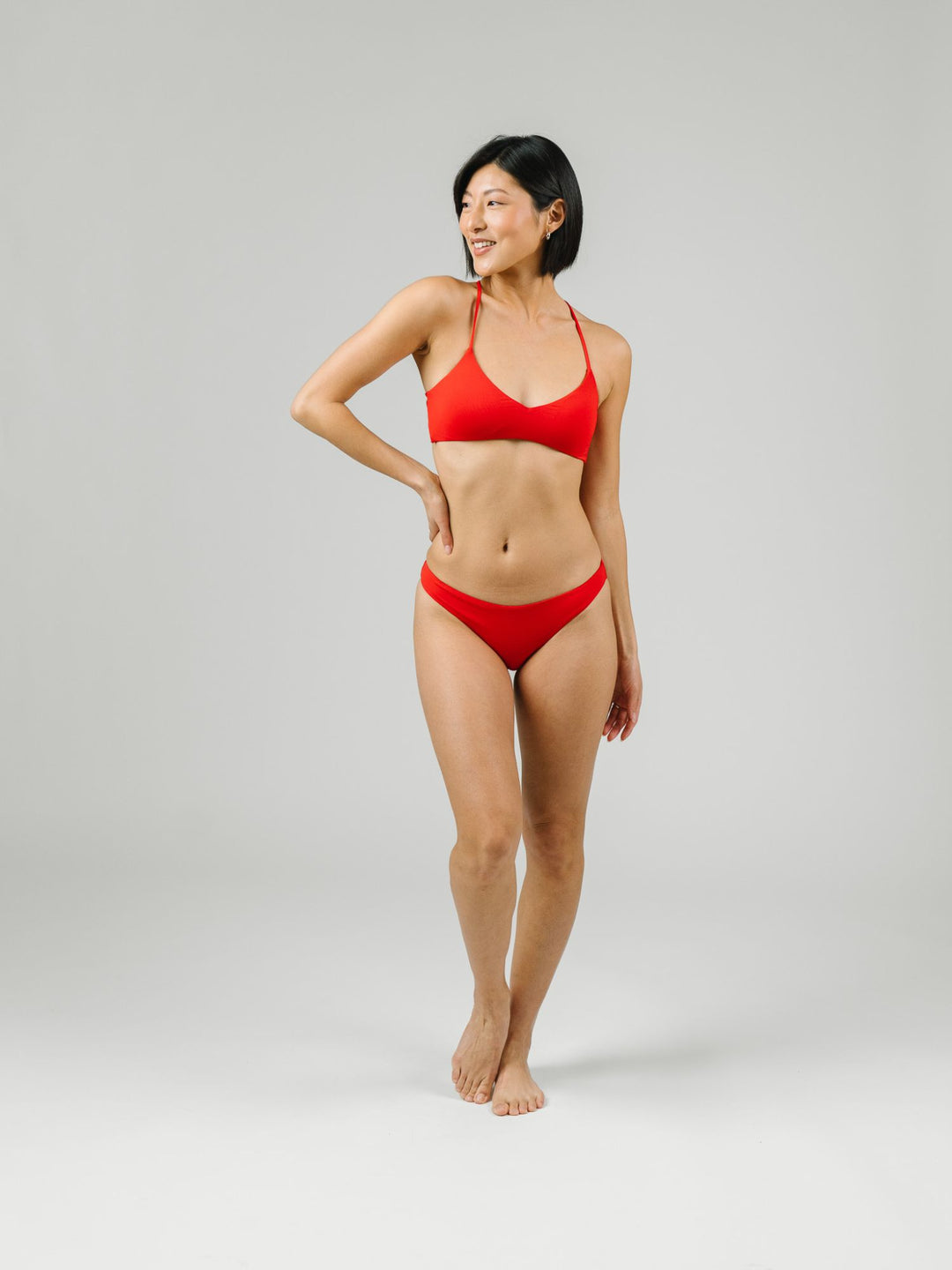 Navalora Swim Scarlett Red Classic Bikini Bottom, High Cut, Double Lined, Worn on Woman with Matching Bikini Top Alternate View