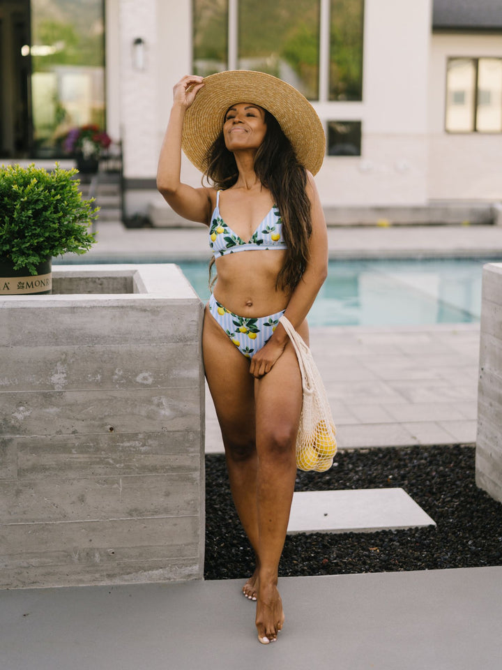 Navalora Swim Women's Amalfi Coast Inspired Lemon Sporty Bikini Bottom– women's swimwear, full model view, woman standing near pool