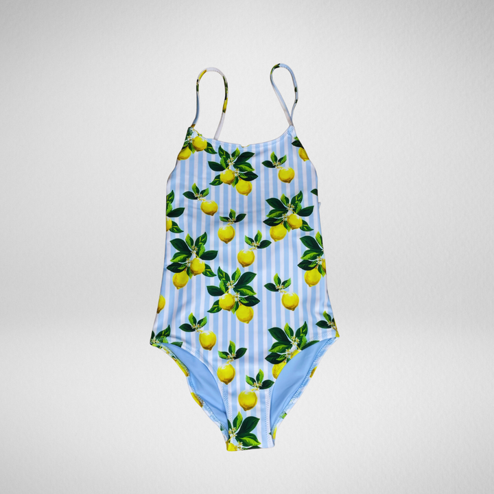 Navalora Swim Girl's Amalfi Coast Inspired Lemon One Piece Swimsuit with Adjustable Tie, Flat Lay