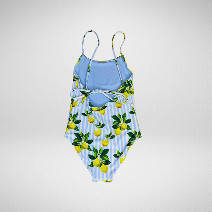 Navalora Swim Girl's Amalfi Coast Inspired Lemon One Piece Swimsuit with Adjustable Tie, Flat Lay Back