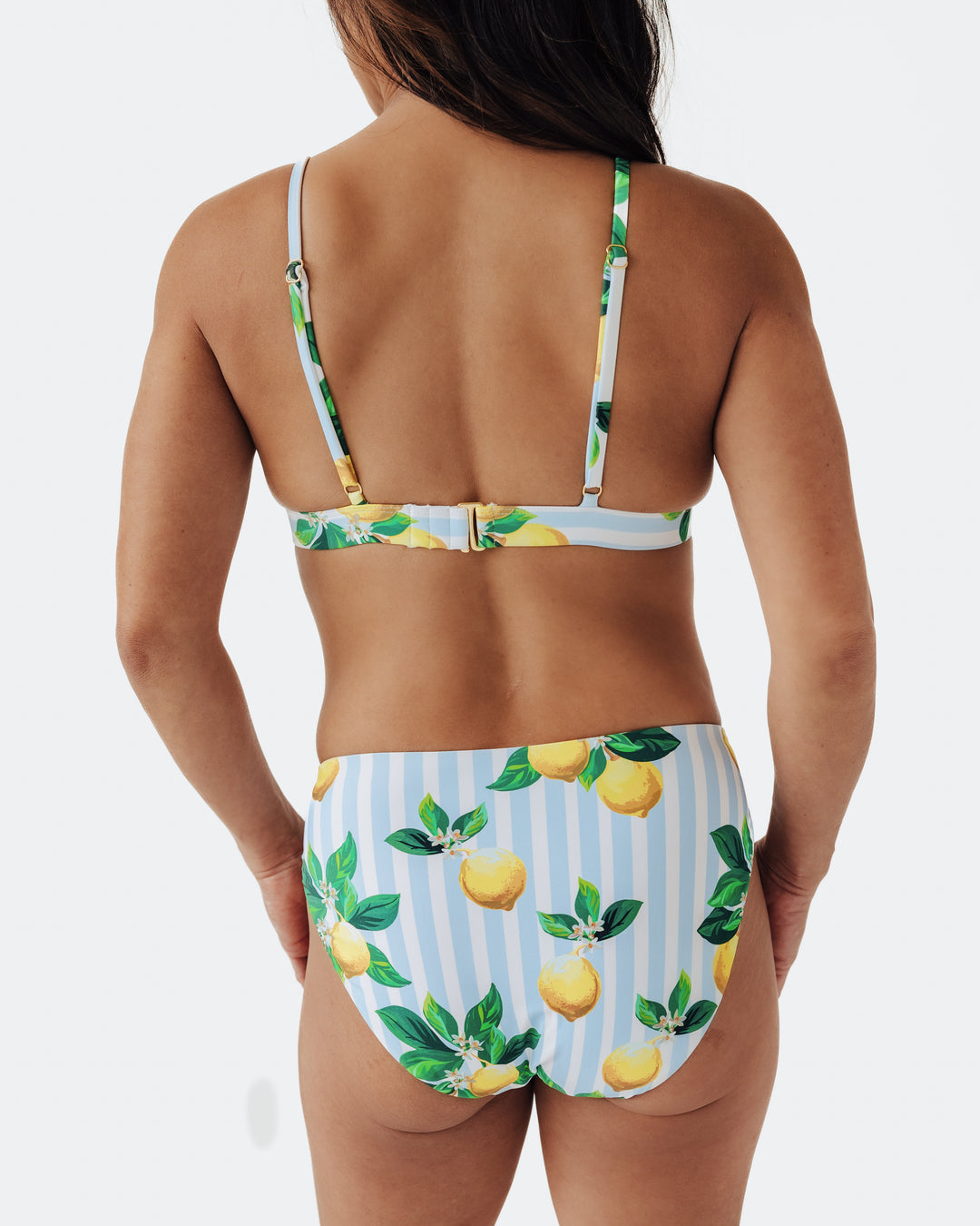 Navalora Swim Women's Amalfi Coast Inspired Lemon Triangle Bikini Top– women's swimwear, model back view
