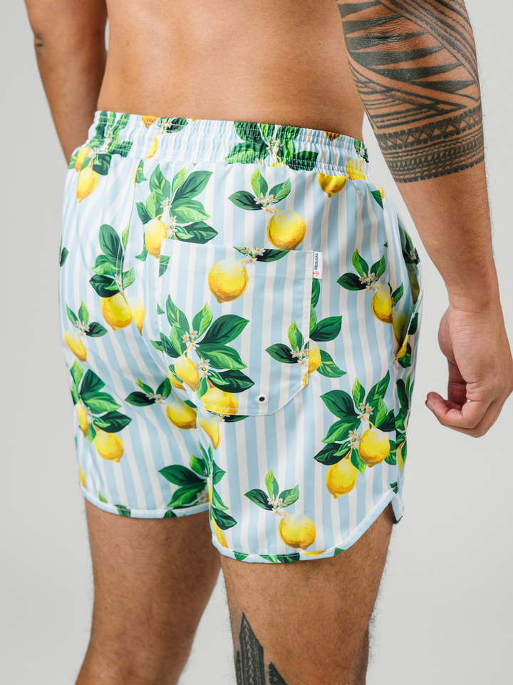 Navalora Swim Men's Amalfi Coast Inspired Lemon Swim Shorts, Close Up Back View