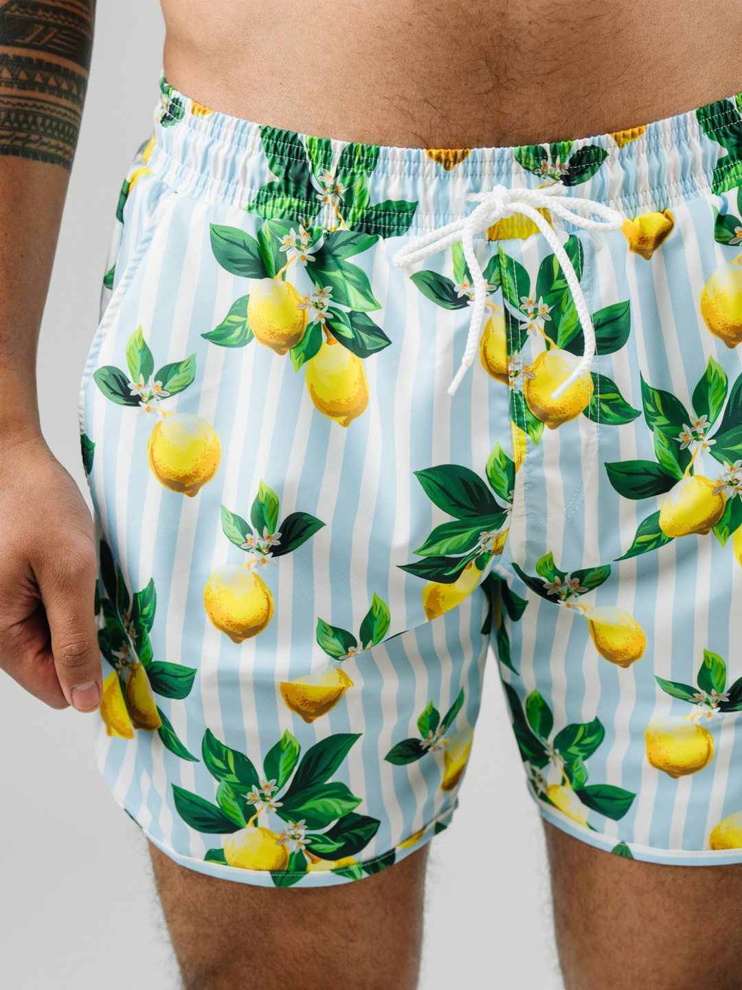 Navalora Swim Men's Amalfi Coast Inspired Lemon Swim Shorts, Close up View of Front Waist Band With Drawstring